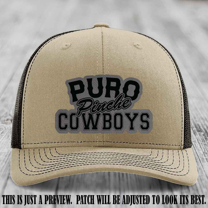 Puro Pinche Cowboys Grey to Black Patch on Khaki to Coffee Hat Richardson 112 leather patch hat