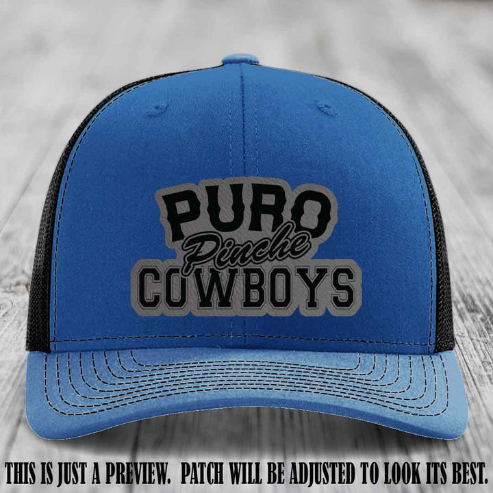 Puro Pinche Cowboys Grey to Black Patch on Royal to Black Hat Richardson 112 leather patch hat