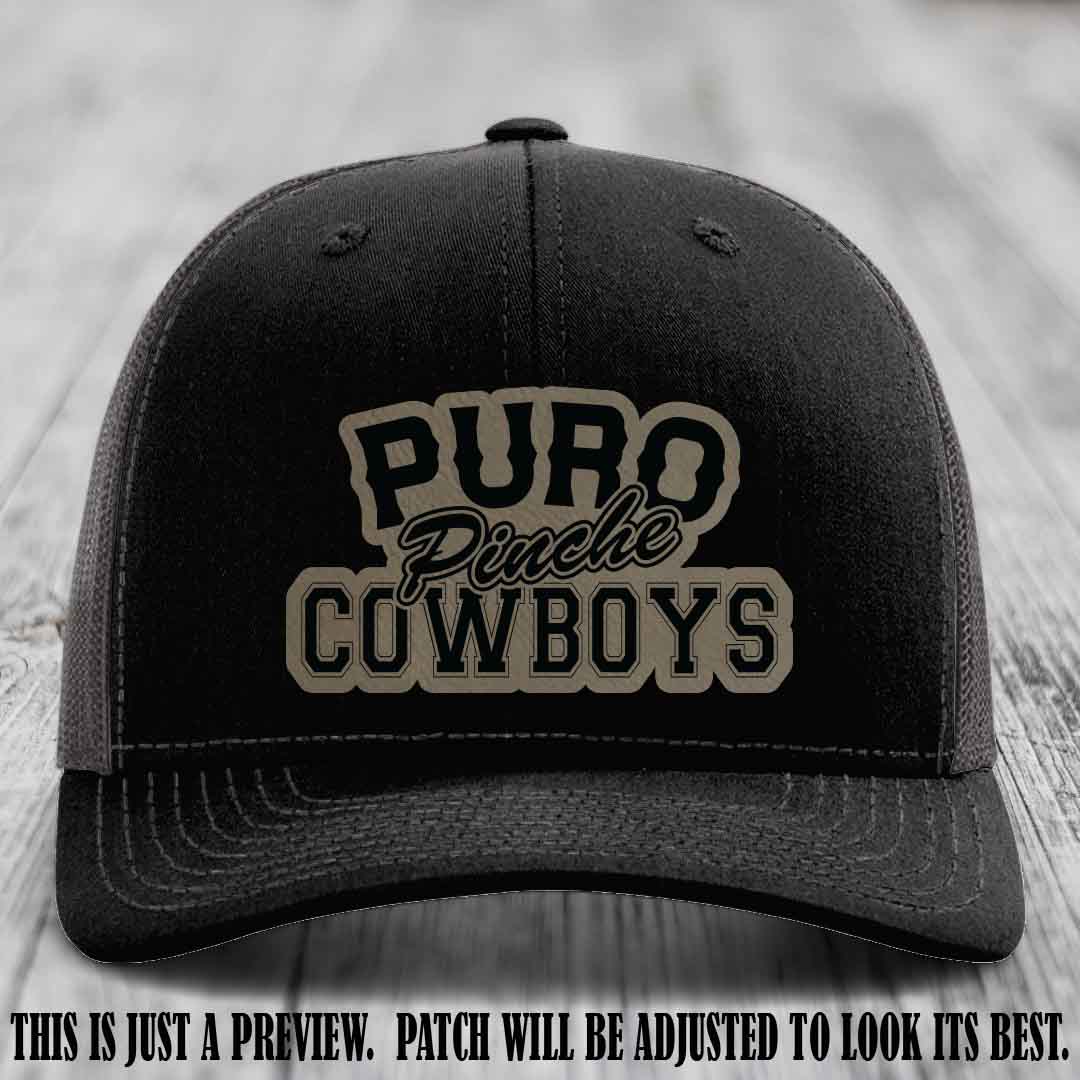 Puro Pinche Cowboys Light Brown to Black Patch on Black to Charcoal Hat Richardson 112 leather patch hat