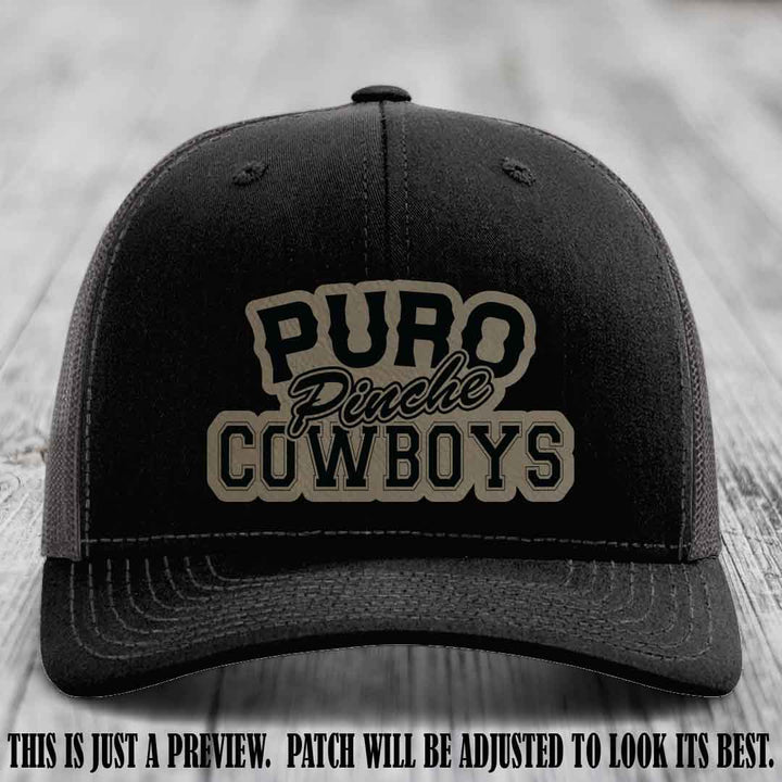 Puro Pinche Cowboys Light Brown to Black Patch on Black to Charcoal Hat Richardson 112 leather patch hat
