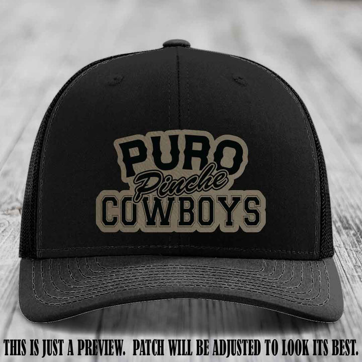 Puro Pinche Cowboys Light Brown to Black Patch on Black Hat Richardson 112 leather patch hat