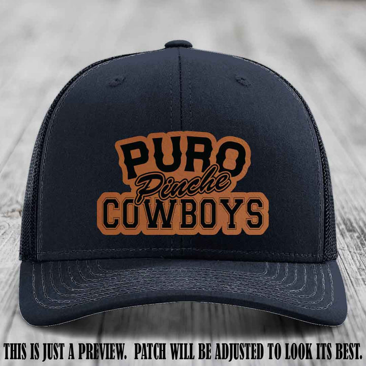 Puro Pinche Cowboys Rawhide to Black Patch on Navy Hat Richardson 112 leather patch hat