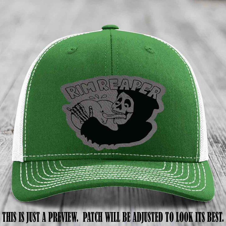 Rim Reaper Grey to Black Patch Leather Patch on Richardson 112 Kelly to White Hat