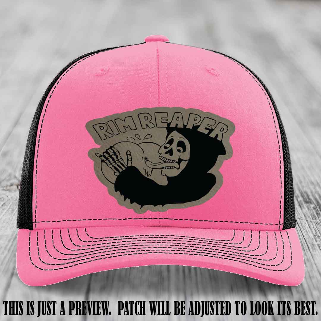 Rim Reaper Light Brown to Black Patch Leather Patch on Richardson 112 Hot Pink to Black Hat