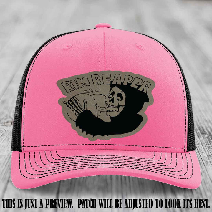 Rim Reaper Light Brown to Black Patch Leather Patch on Richardson 112 Hot Pink to Black Hat