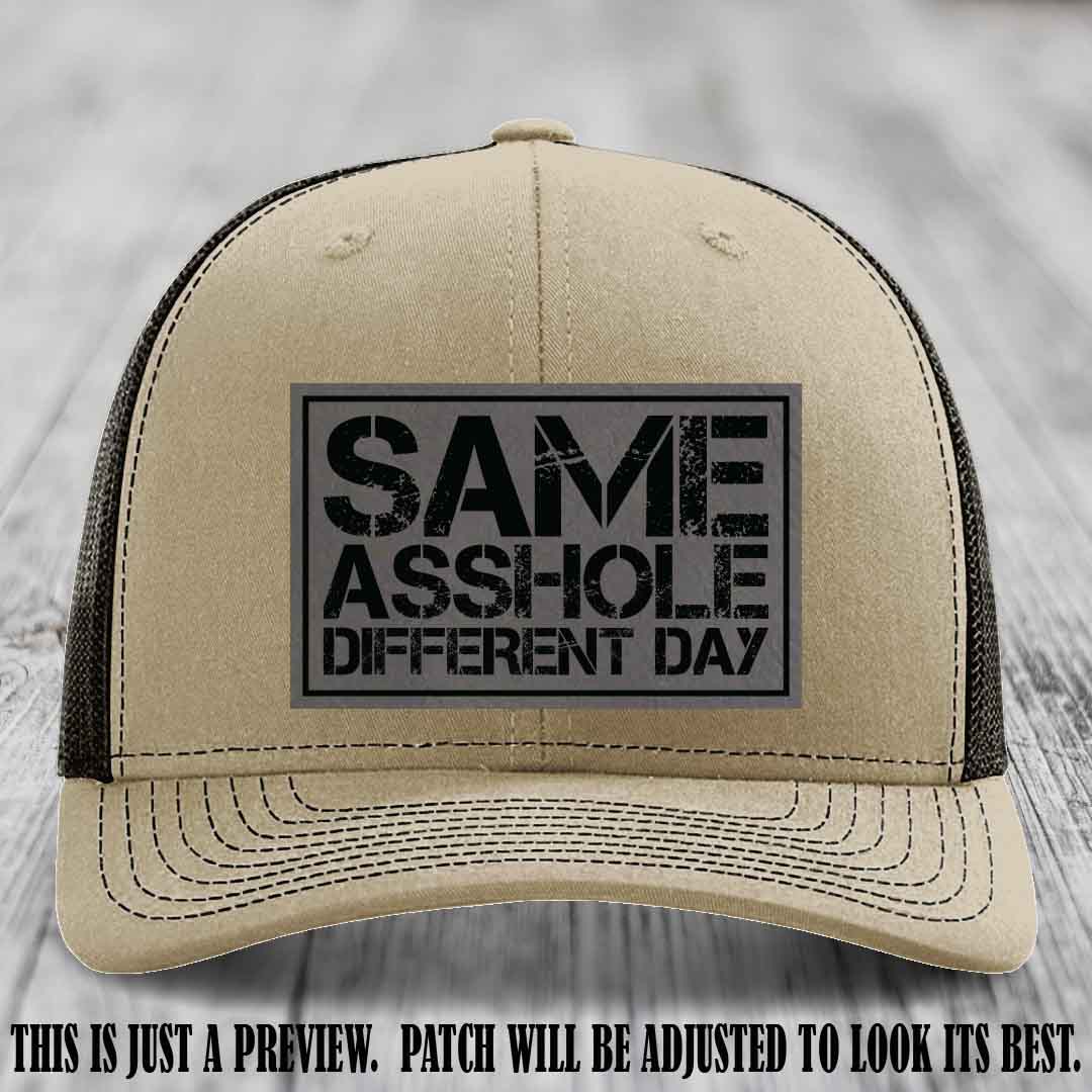 Same Asshole Different Day Grey to Black Patch on Khaki to Coffee Hat - Richardson 112 Leather Patch Hat