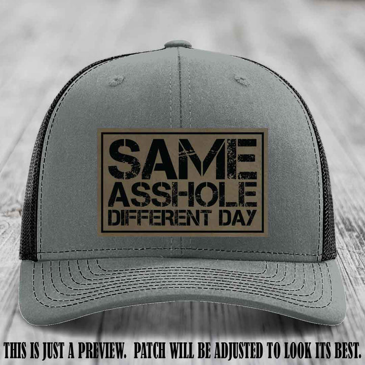 Same Asshole Different Day Light Brown to Black Patch on Heather Grey to Black Hat - Richardson 112 Leather Patch Hat
