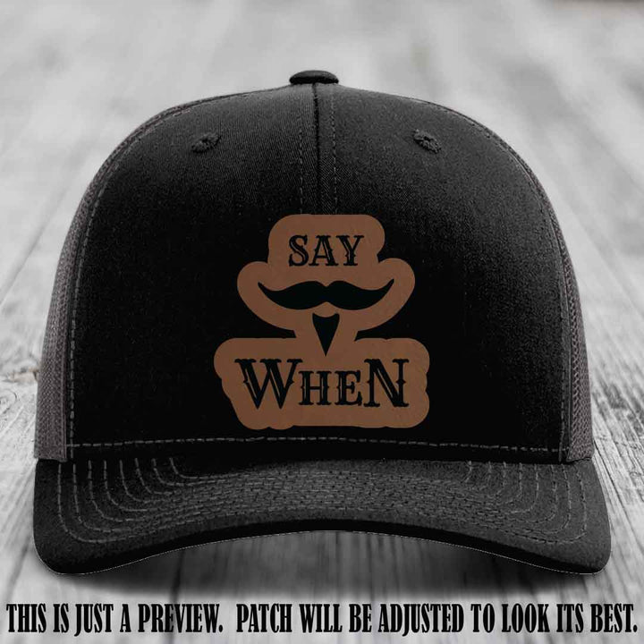 Say When π Dark Brown to Black Patch Leather Patch Hat on Black to Charcoal Hat