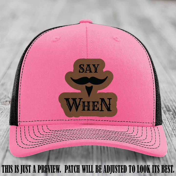 Say When π Dark Brown to Black Patch Leather Patch Hat on Hot Pink to Black Hat