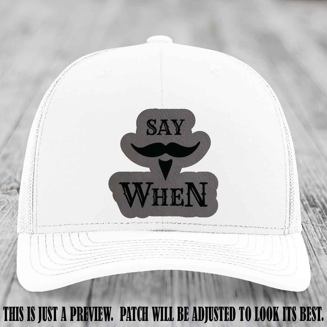 Say When 😈 Grey to Black Patch Leather Patch Hat on White Hat