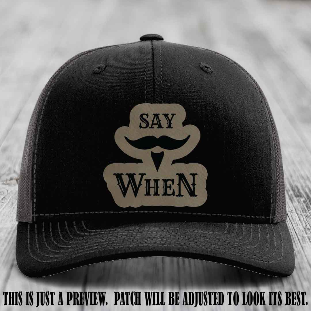 Say When π₯ Light Brown to Black Patch Leather Patch Hat on Black to Charcoal Hat