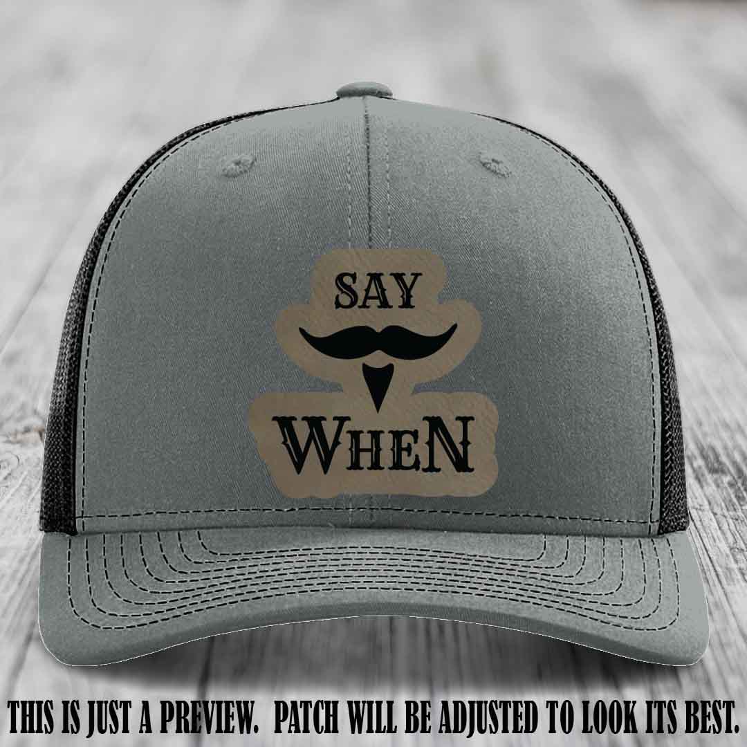 Say When π₯ Light Brown to Black Patch Leather Patch Hat on Heather Grey to Black Hat