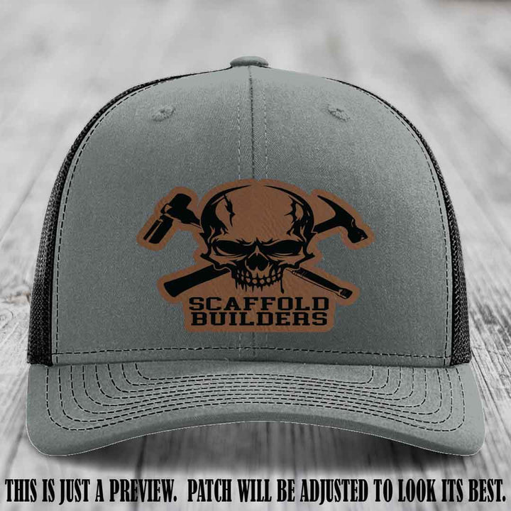 Scaffold Builders Dark Brown to Black Patch on Heather Grey to Black Hat - Custom Richardson 112 Leather Patch Hat