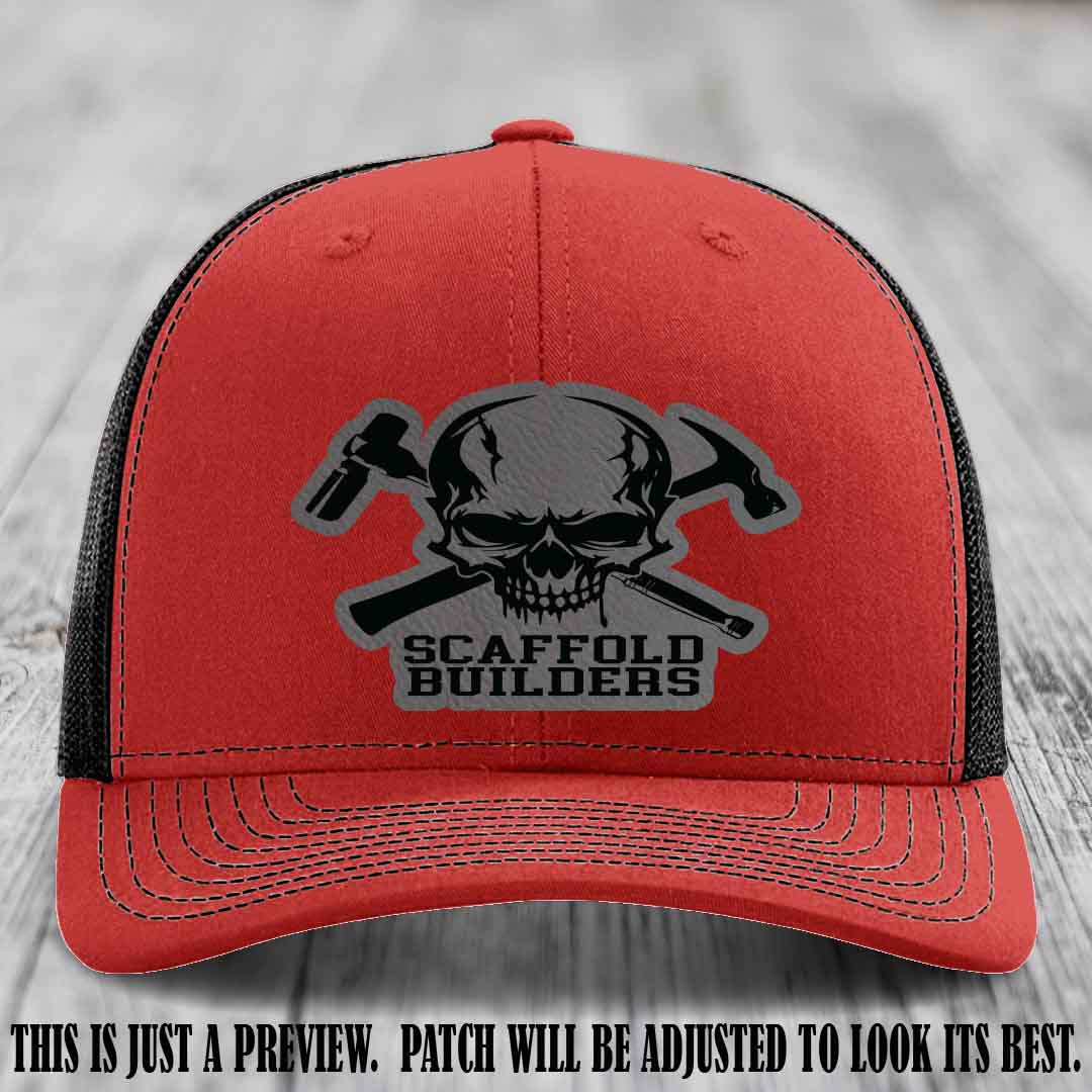 Scaffold Builders Grey to Black Patch on Red to Black Hat - Custom Richardson 112 Leather Patch Hat