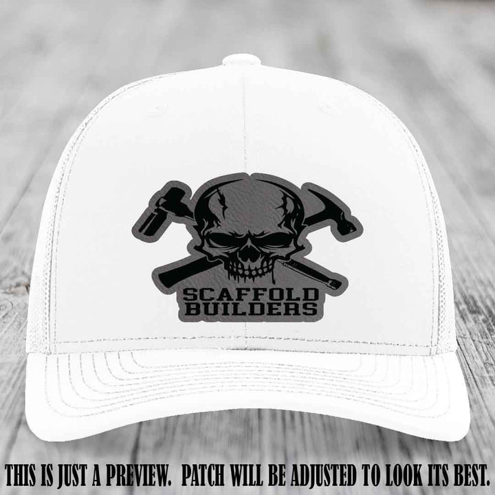 Scaffold Builders Grey to Black Patch on White Hat - Custom Richardson 112 Leather Patch Hat