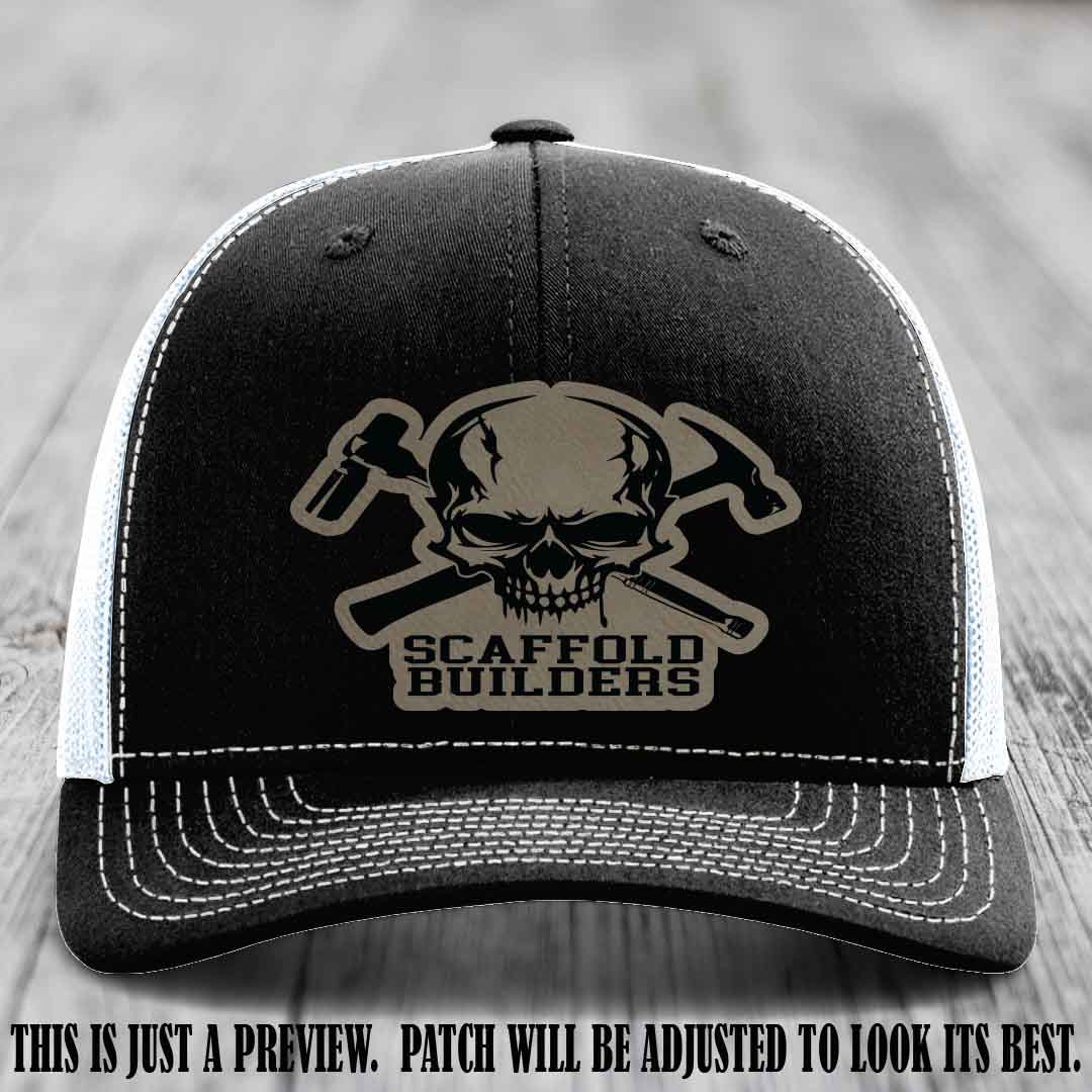 Scaffold Builders Light Brown to Black Patch on Black to White Hat - Custom Richardson 112 Leather Patch Hat