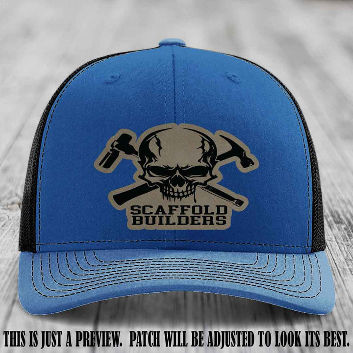 Scaffold Builders Light Brown to Black Patch on Royal to Black Hat - Custom Richardson 112 Leather Patch Hat