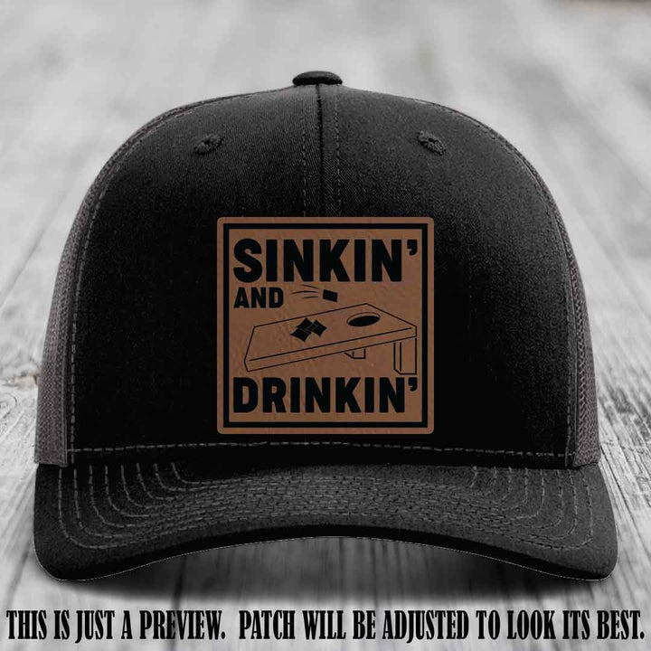 Sinkin' and Drinkin' design on Dark Brown to Black Patch, Richardson 112 Black to Charcoal Hat