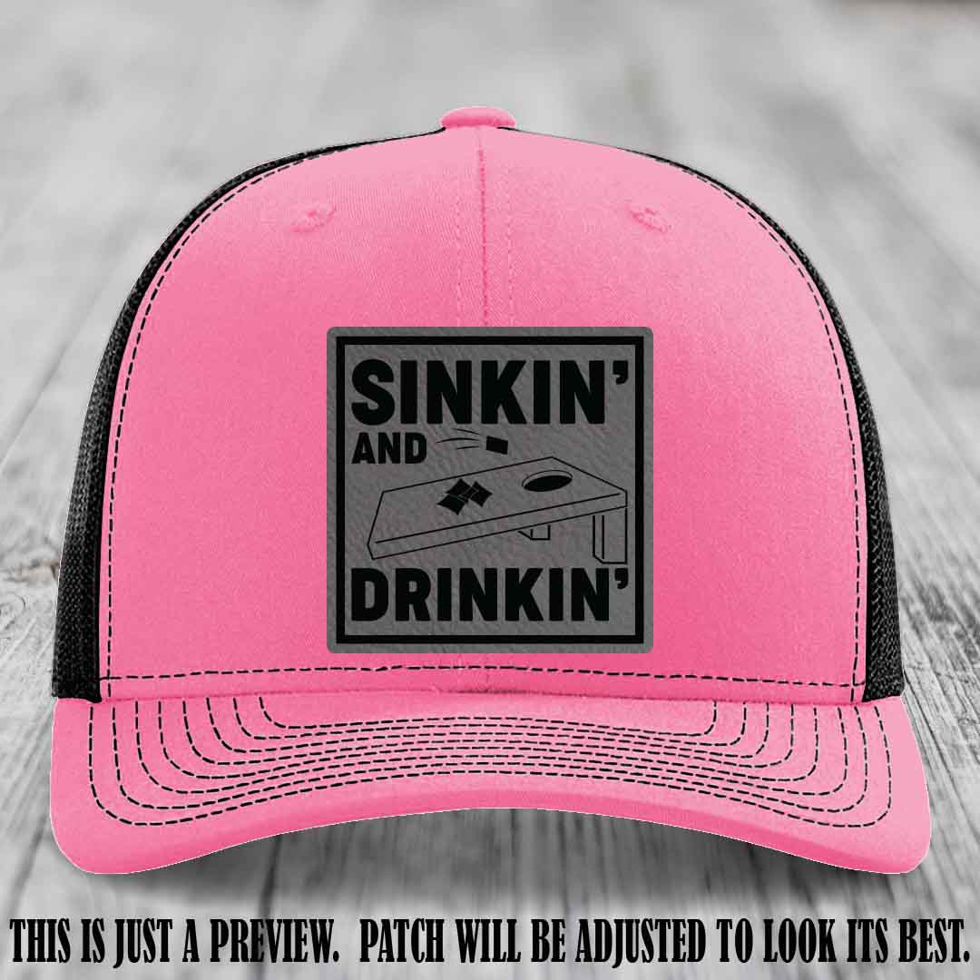 Sinkin' and Drinkin' design on Grey to Black Patch, Richardson 112 Hot Pink to Black Hat