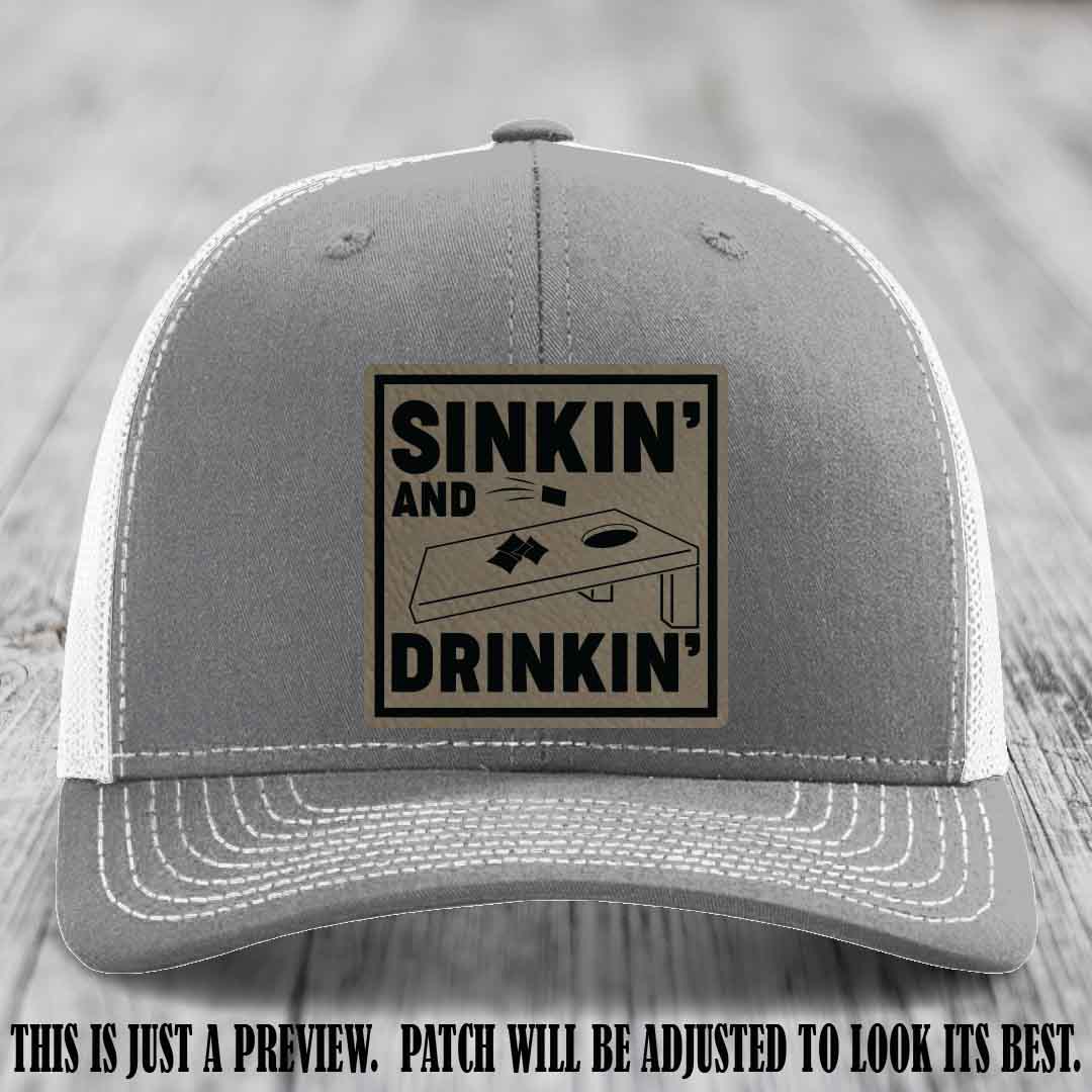 Sinkin' and Drinkin' design on Light Brown to Black Patch, Richardson 112 Heather Grey to White Hat