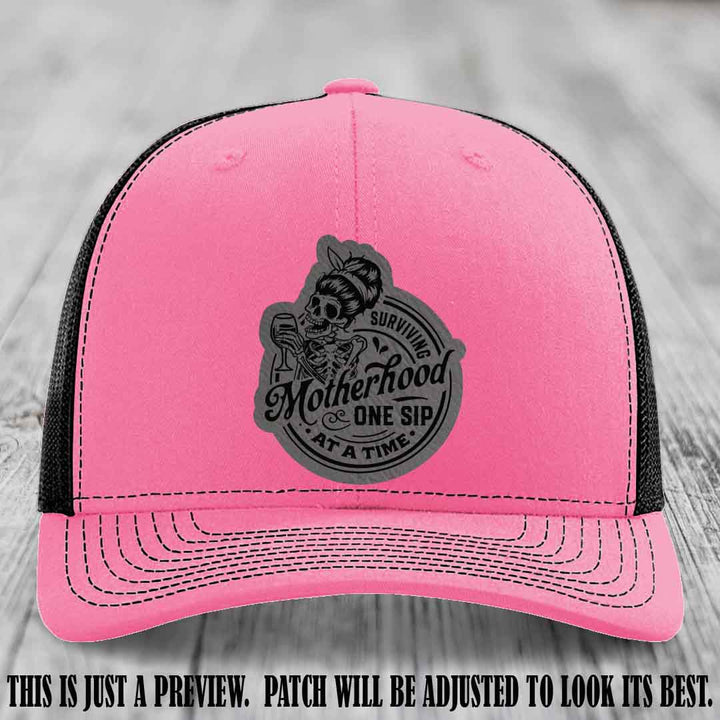 Surviving Motherhood One Sip at a Time Grey to Black Patch on Richardson 112 Hat - Hot Pink to Black Hat