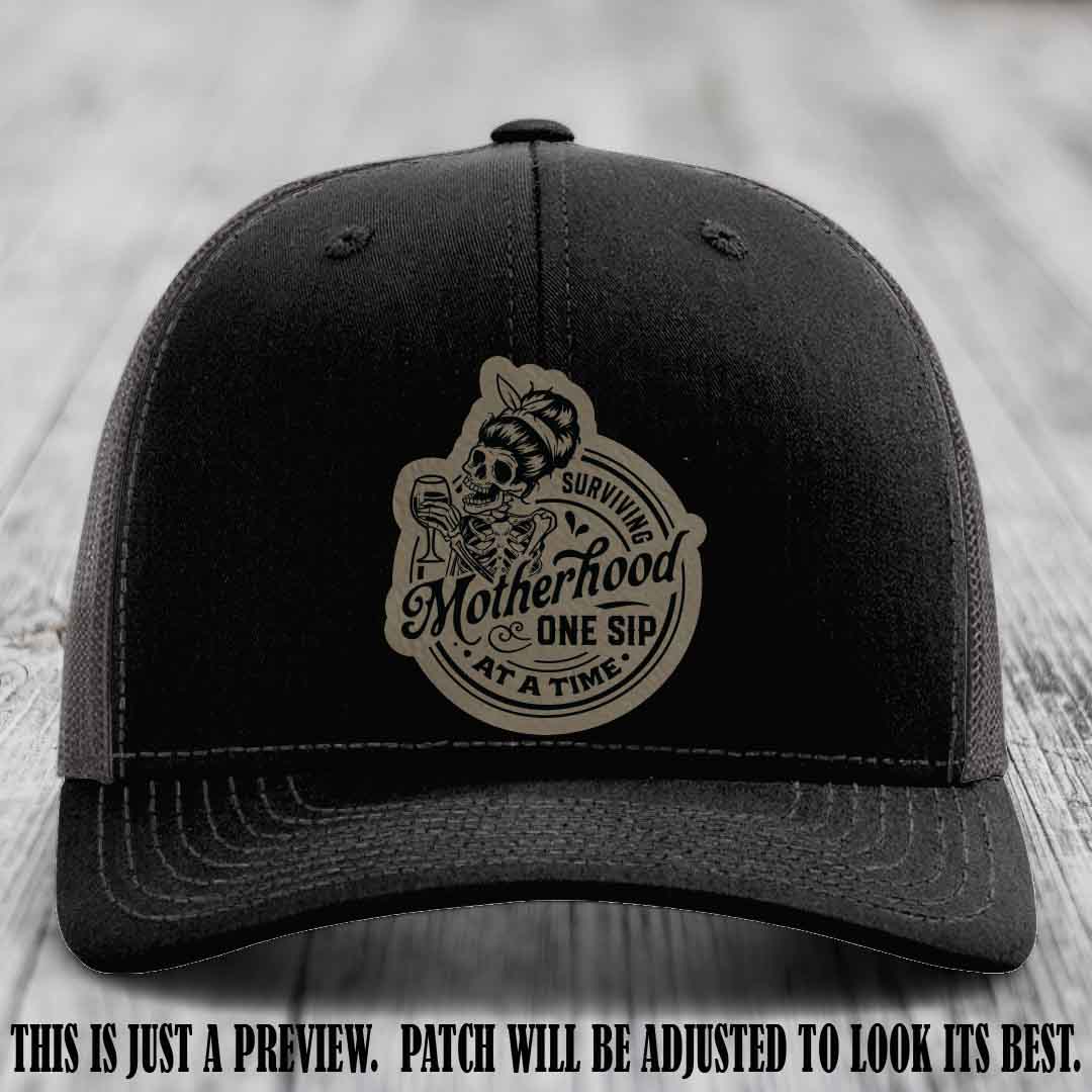 Surviving Motherhood One Sip at a Time Light Brown to Black Patch on Richardson 112 Hat - Black to Charcoal Hat