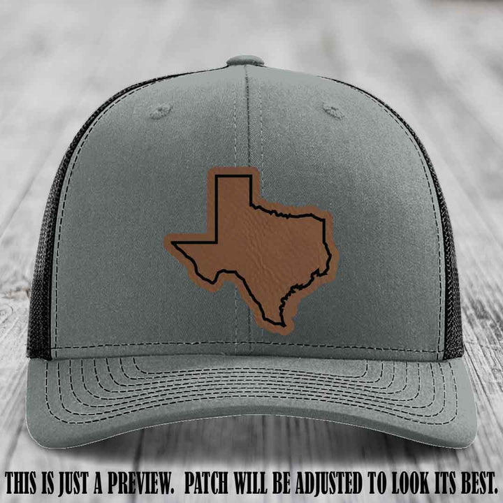 Texas Borderline Sass Dark Brown to Black Patch on Heather Grey to Black Hat - Richardson 112 custom leather patch hat