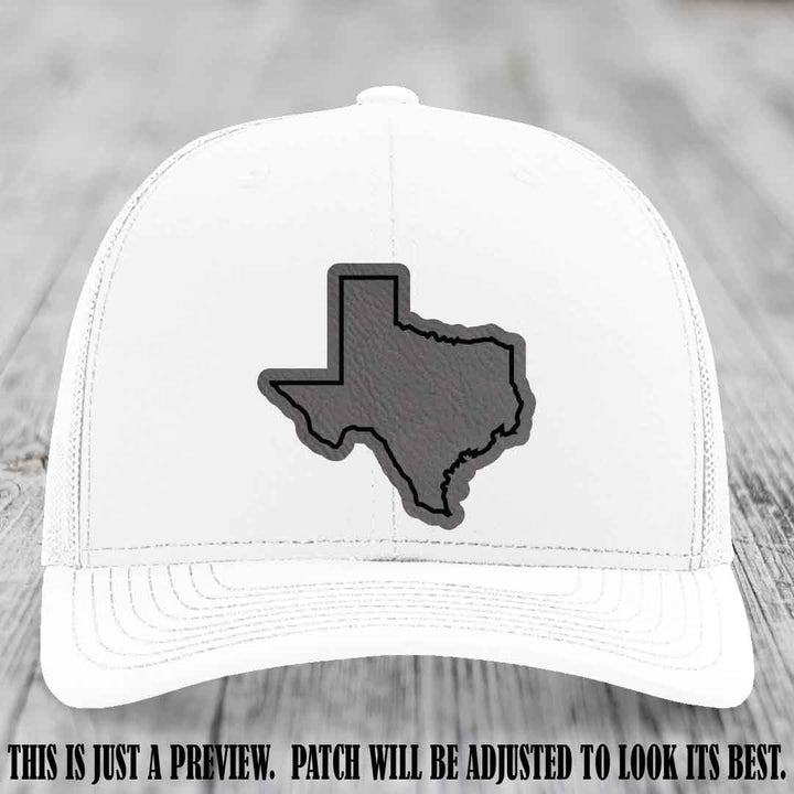 Texas Borderline Sass Grey to Black Patch on White Hat - Richardson 112 custom leather patch hat