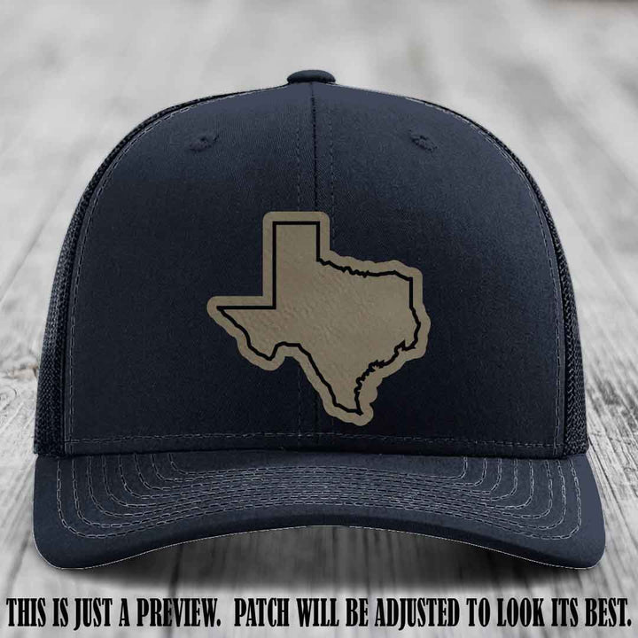 Texas Borderline Sass Light Brown to Black Patch on Navy Hat - Richardson 112 custom leather patch hat
