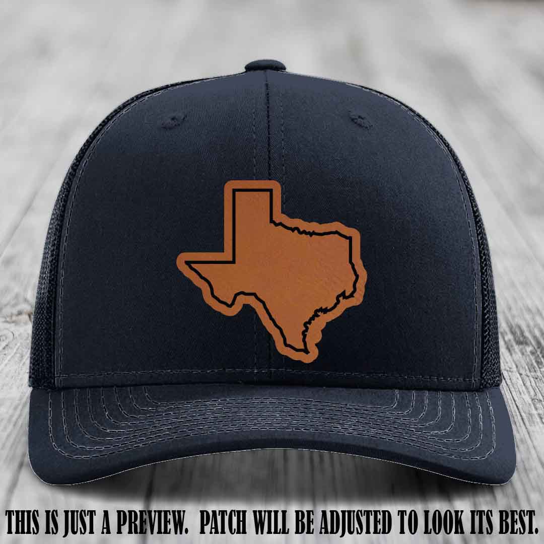 Texas Borderline Sass Rawhide to Black Patch on Navy Hat - Richardson 112 custom leather patch hat