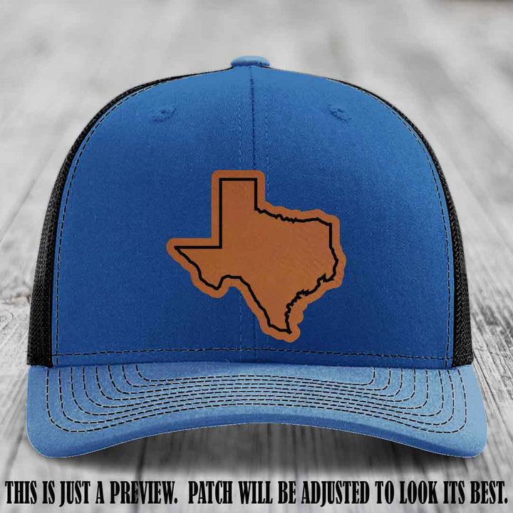 Texas Borderline Sass Rawhide to Black Patch on Royal to Black Hat - Richardson 112 custom leather patch hat