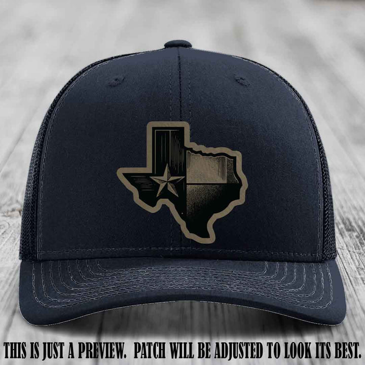 Lone Star Swagger Light Brown to Black Patch on Navy Hat - Custom Richardson 112 Leather Patch Hat