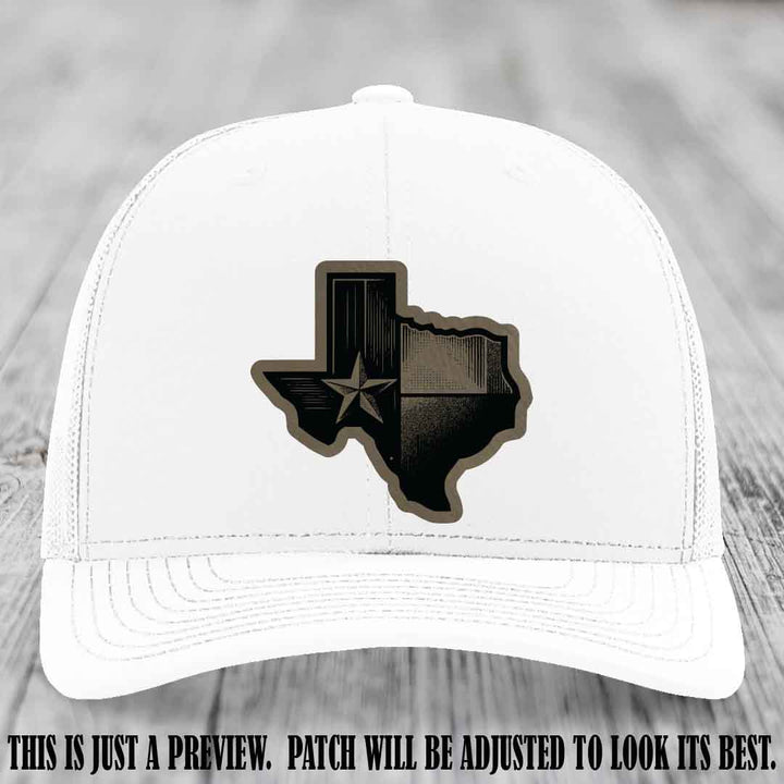 Lone Star Swagger Light Brown to Black Patch on White Hat - Custom Richardson 112 Leather Patch Hat