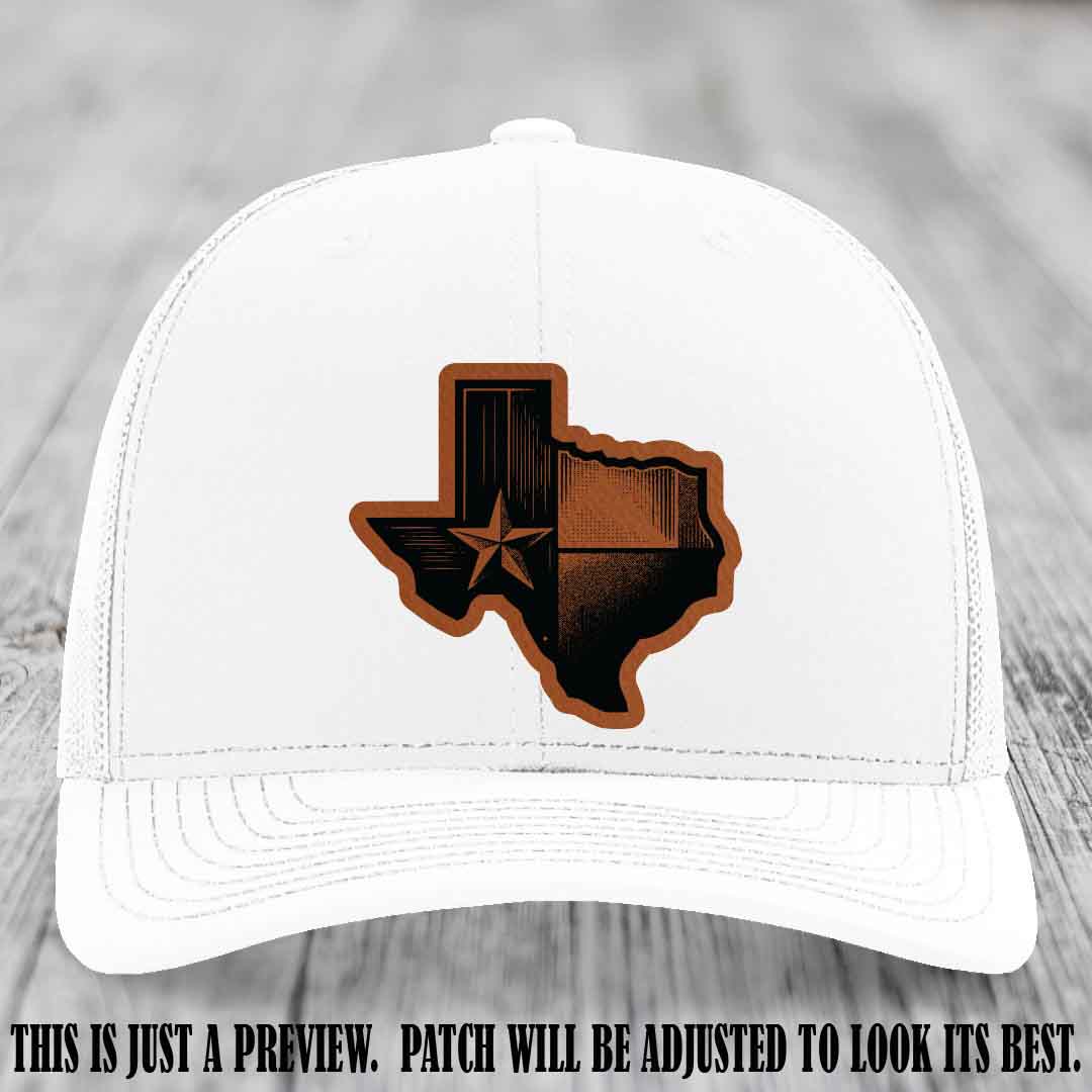 Lone Star Swagger Rawhide to Black Patch on White Hat - Custom Richardson 112 Leather Patch Hat