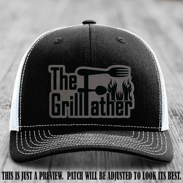 Richardson 112 Leather Patch Hat - The GrillFather Design - Grey to Black Patch on Black to White Hat