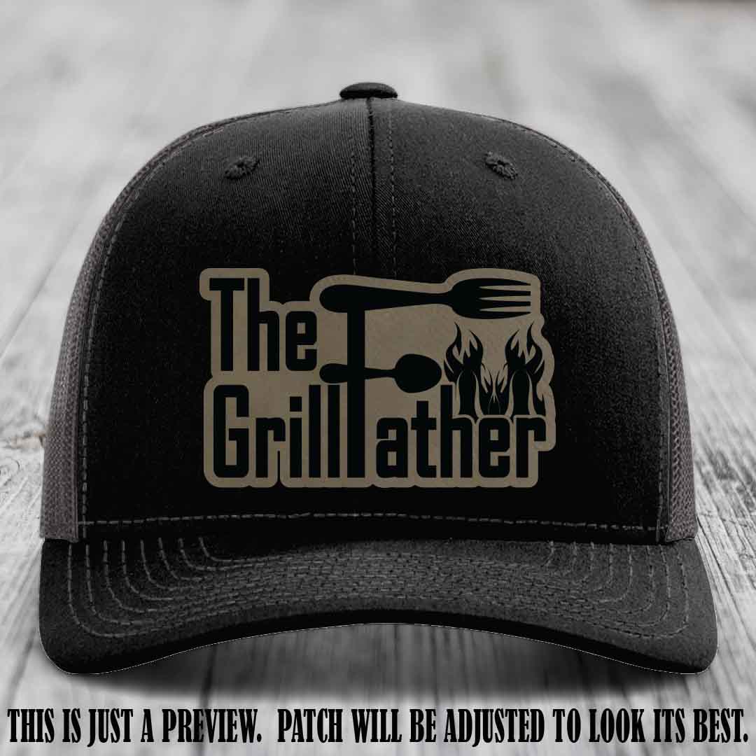Richardson 112 Leather Patch Hat - The GrillFather Design - Light Brown to Black Patch on Black to Charcoal Hat
