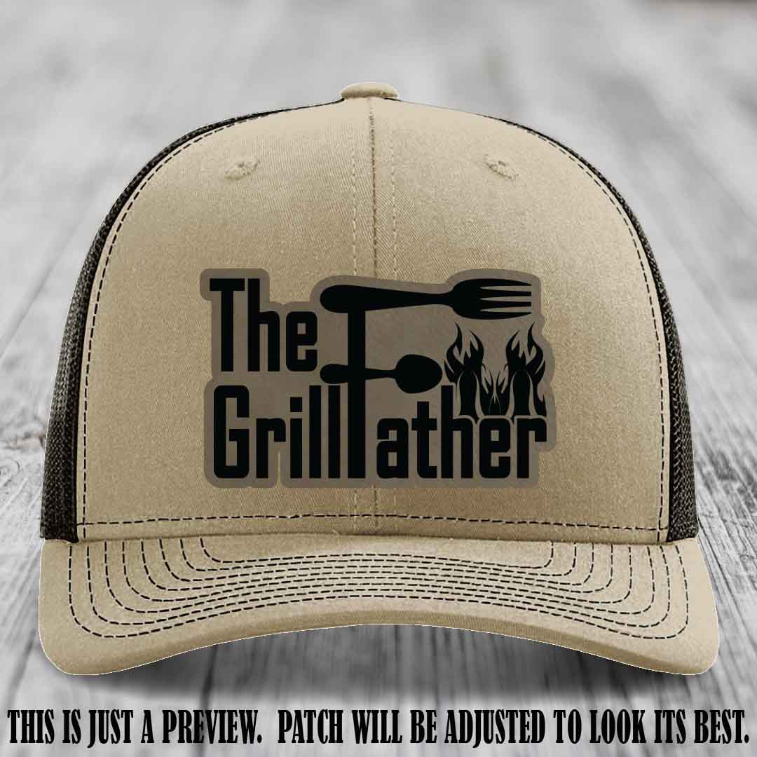 Richardson 112 Leather Patch Hat - The GrillFather Design - Light Brown to Black Patch on Khaki to Coffee Hat