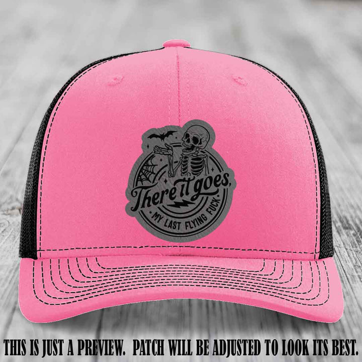 There It Goes design on Grey to Black Patch, displayed on a Hot Pink to Black Hat, funny Richardson 112 leather patch hat