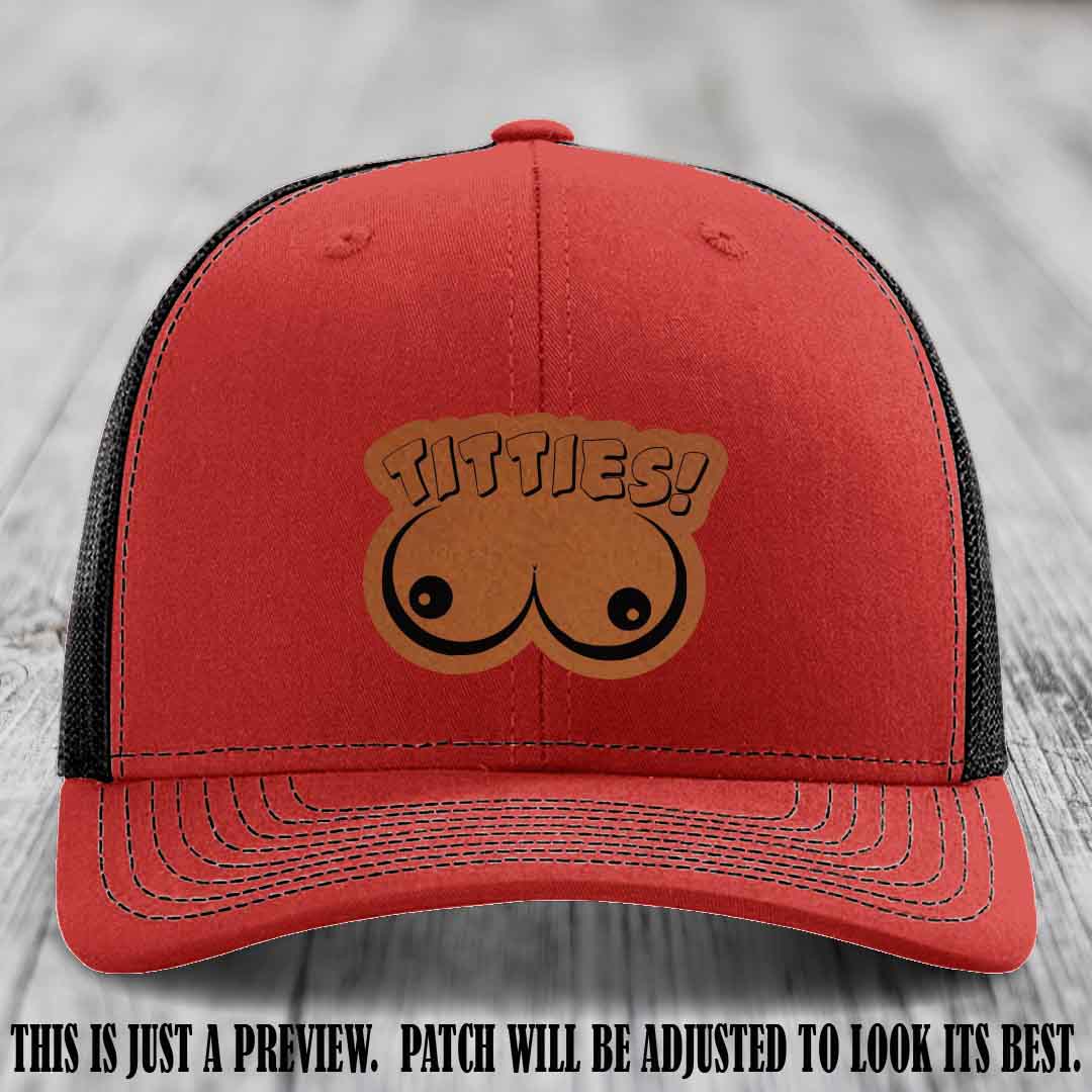 TITTIES! leather patch on Rawhide to Black Patch mounted on a Red to Black Hat β Richardson 112 funny trucker hat