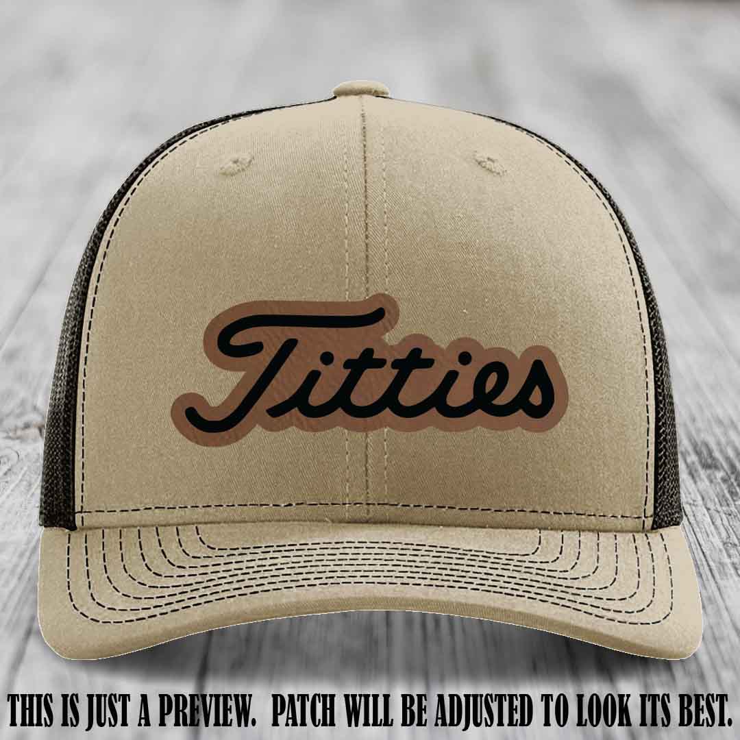 Titties patch design on Dark Brown to Black Patch on Khaki to Coffee Hat
