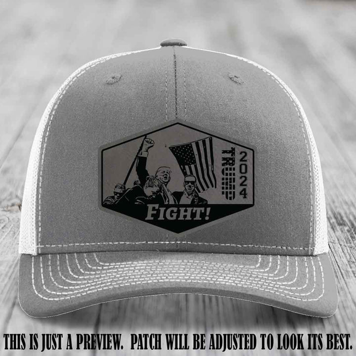 Fight Night Trump 2024 design on a Richardson 112 Heather Grey to White Hat with a Grey to Black Patch leather patch