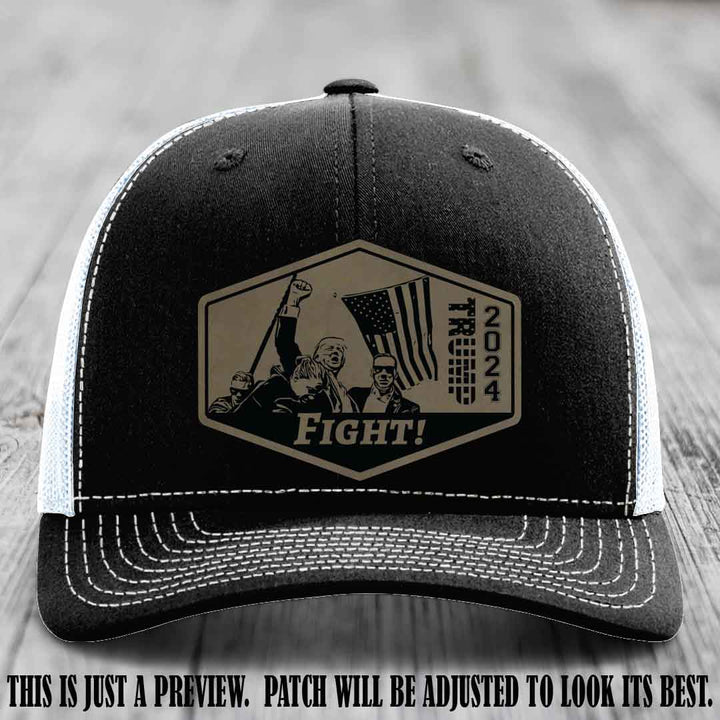 Fight Night Trump 2024 design on a Richardson 112 Black to White Hat with a Light Brown to Black Patch leather patch