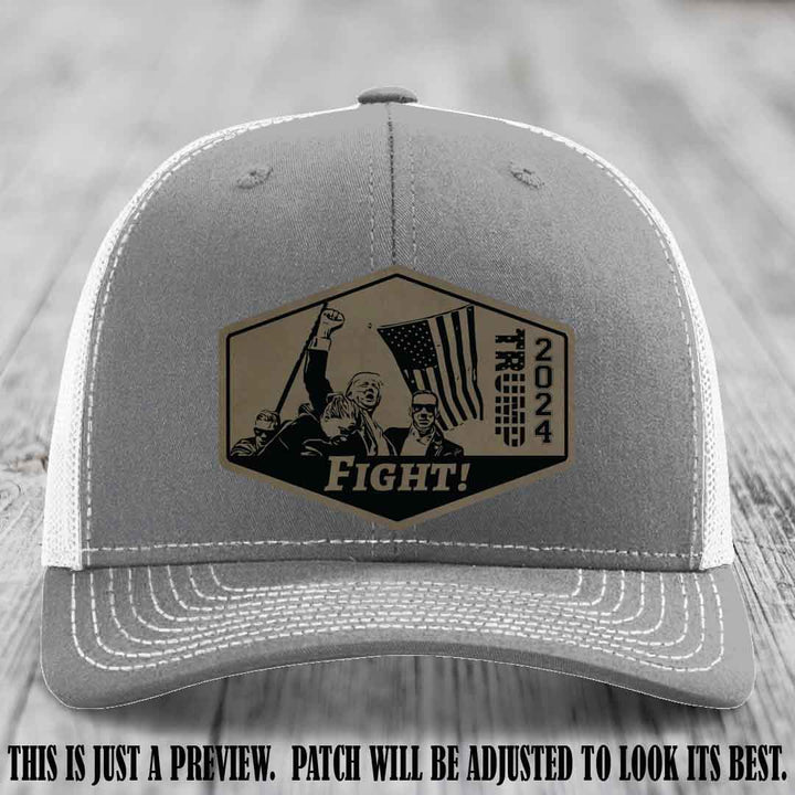 Fight Night Trump 2024 design on a Richardson 112 Heather Grey to White Hat with a Light Brown to Black Patch leather patch
