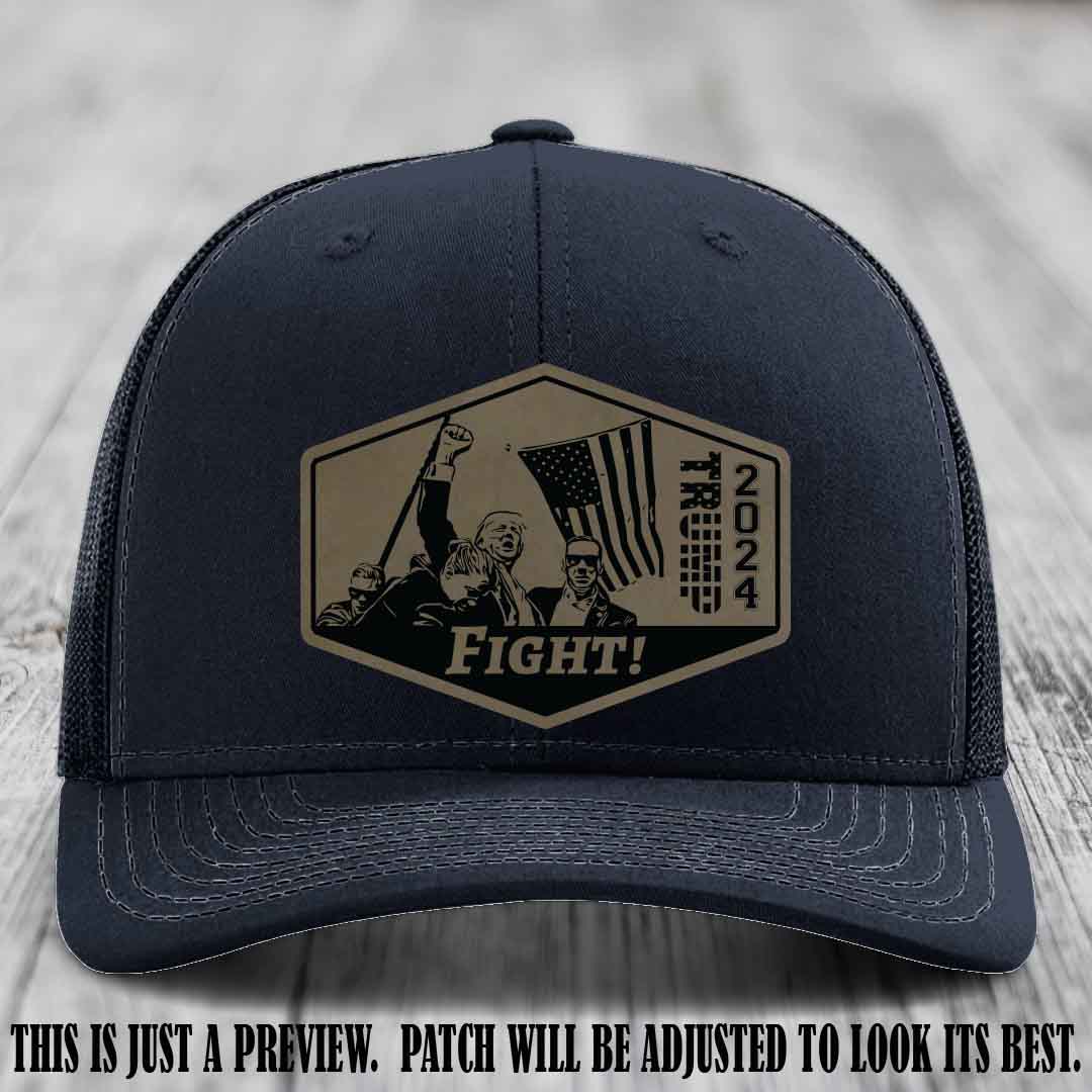 Fight Night Trump 2024 design on a Richardson 112 Navy Hat with a Light Brown to Black Patch leather patch
