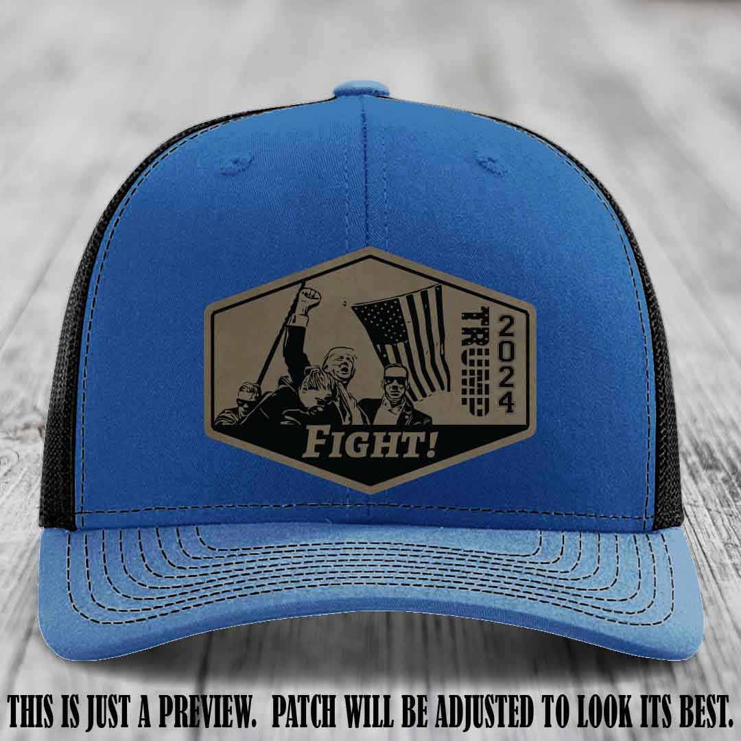 Fight Night Trump 2024 design on a Richardson 112 Royal to Black Hat with a Light Brown to Black Patch leather patch