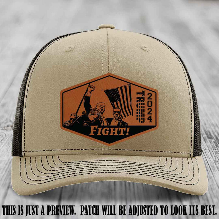 Fight Night Trump 2024 design on a Richardson 112 Khaki to Coffee Hat with a Rawhide to Black Patch leather patch