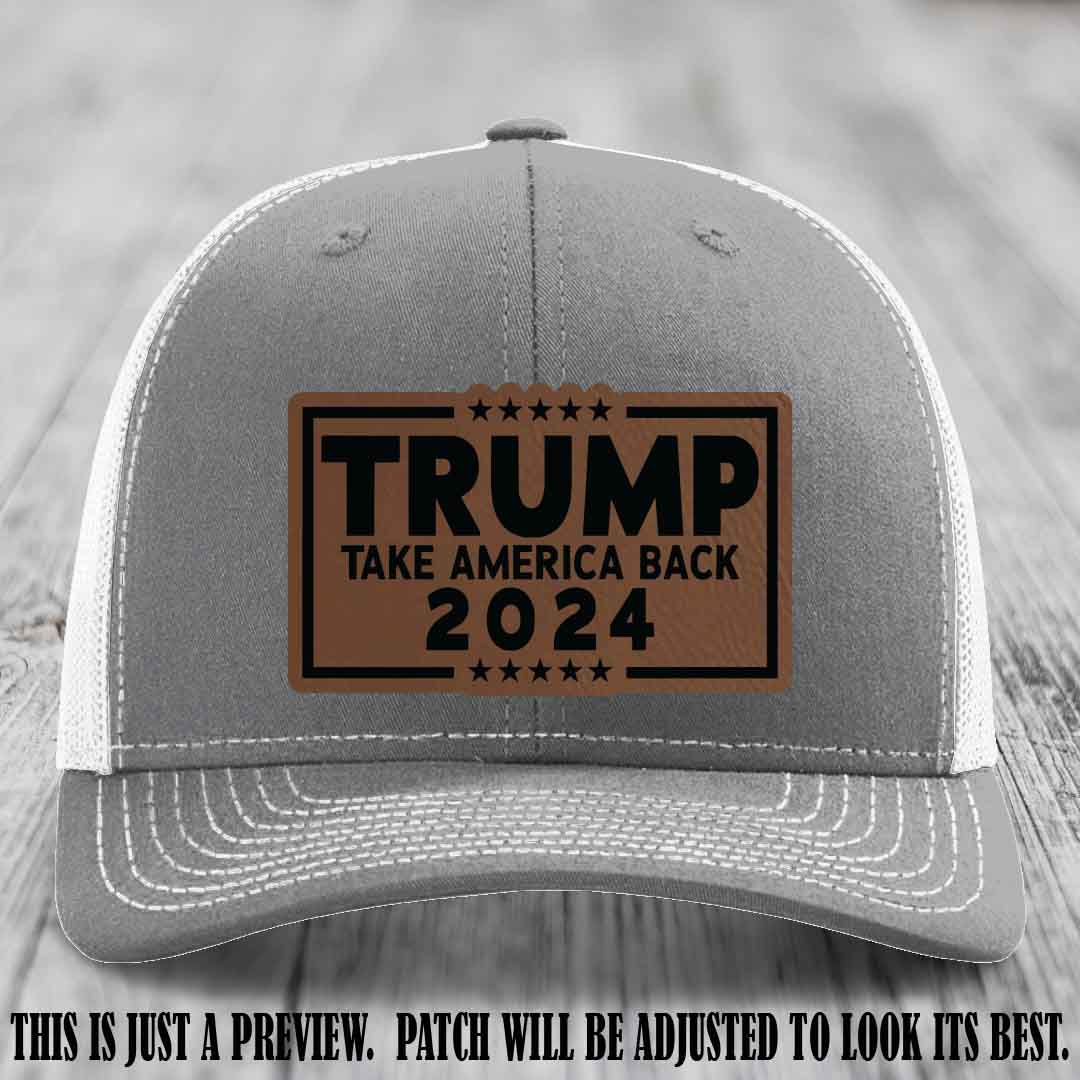 Trump Take America Back 2024 on a Heather Grey to White Hat with Dark Brown to Black Patch