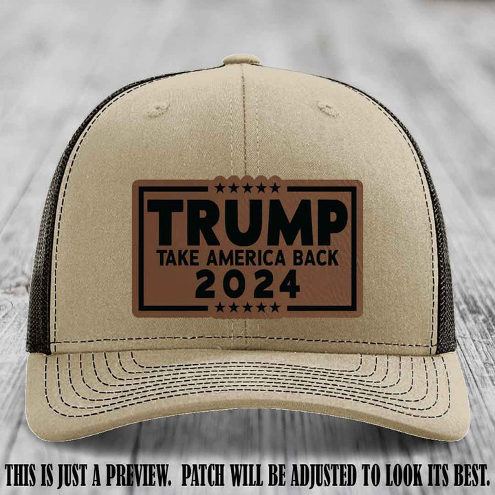 Trump Take America Back 2024 on a Khaki to Coffee Hat with Dark Brown to Black Patch