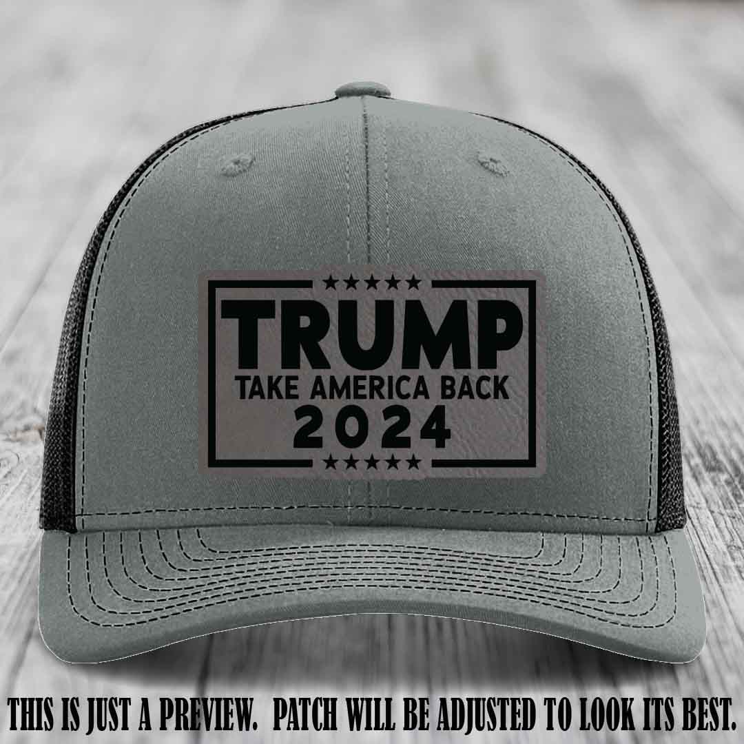 Trump Take America Back 2024 on a Heather Grey to Black Hat with Grey to Black Patch