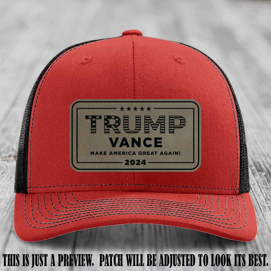 TRUMP VANCE 2024 patch on Light Brown to Black Patch shown on Red to Black Hat Richardson 112 hat